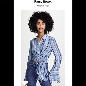 Ramy Brook Blue and White Bell Sleeve Wrap Hayven Blouse